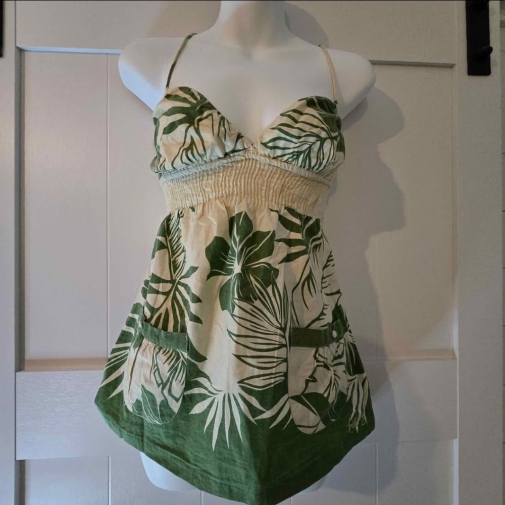 Y2K Billabong | Tropical Print Crossover Top | Small | Green & Cream Palm Leaf